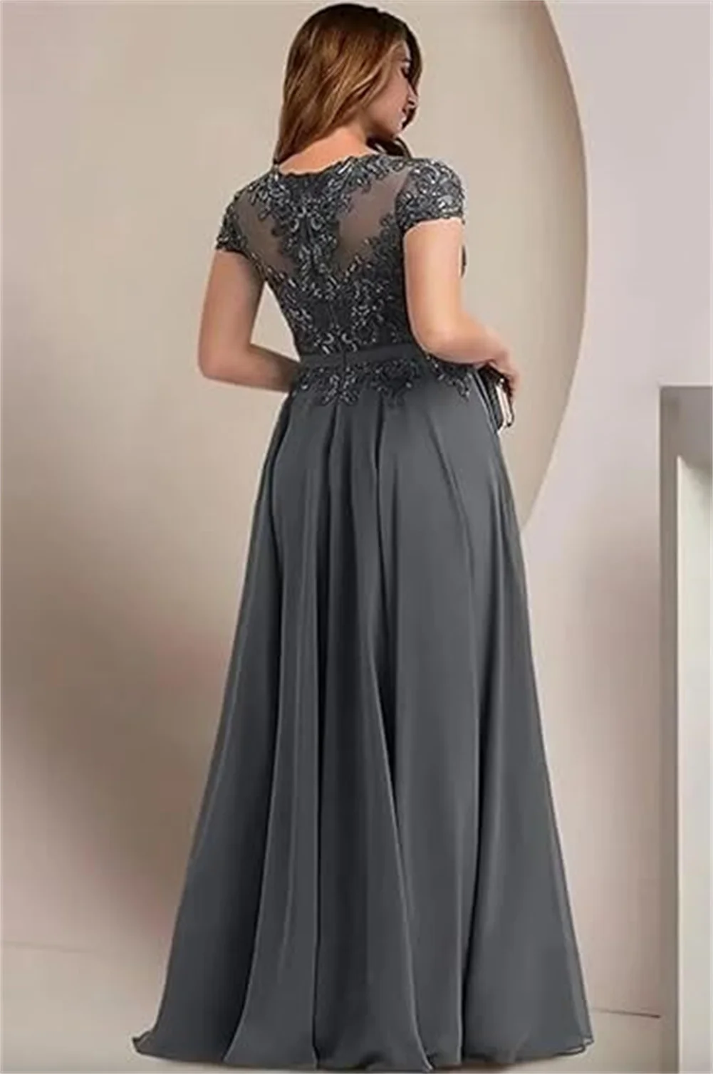 Applicazioni in pizzo con paillettes lucide personalizzate Una linea lunga abito per la madre della sposa per abiti da sera formali da ballo a maniche corte da sposa