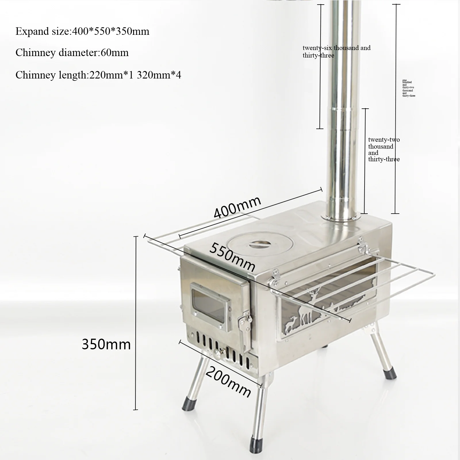 Outdoor Camping Multi-functional Tent Stove Stainless Steel Wood-burning Stove with Side Fire-viewing Window