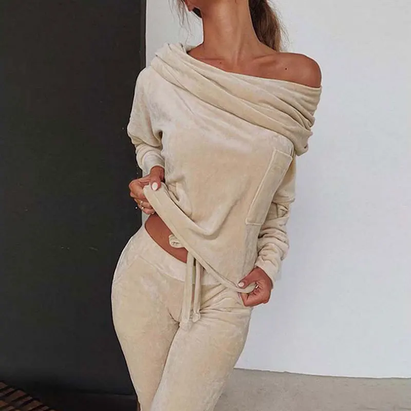 Sexy Velvet Off Shoulder Slope Collar 2 Piece Casual Women Home Suit Fashion Folds Long Sleeved Bow Pullover Top Trousers Suit