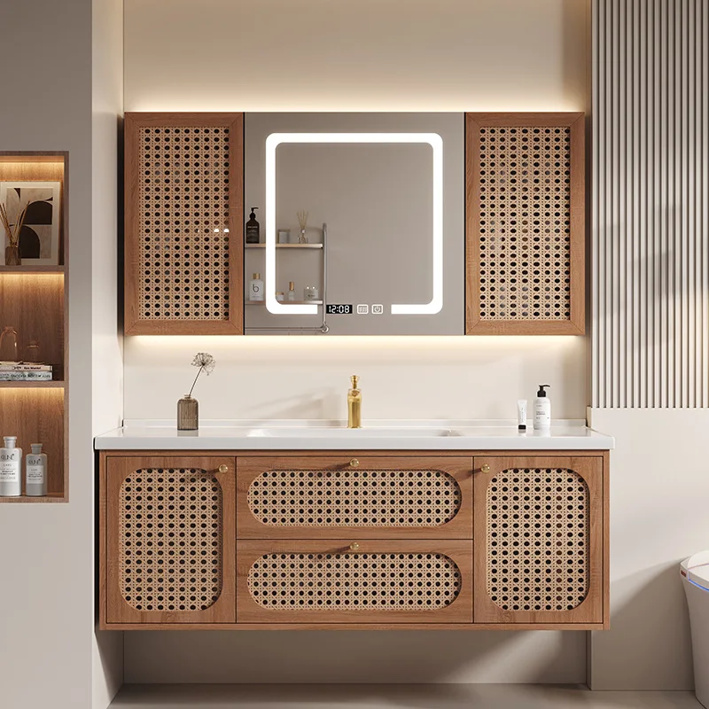 NEW NEWNEW 2New Chinese Bathroom Cabinet Combination Rattan Solid Wood Ceramic Integrated Basin Powder Room Washbasin Cabinet Ba