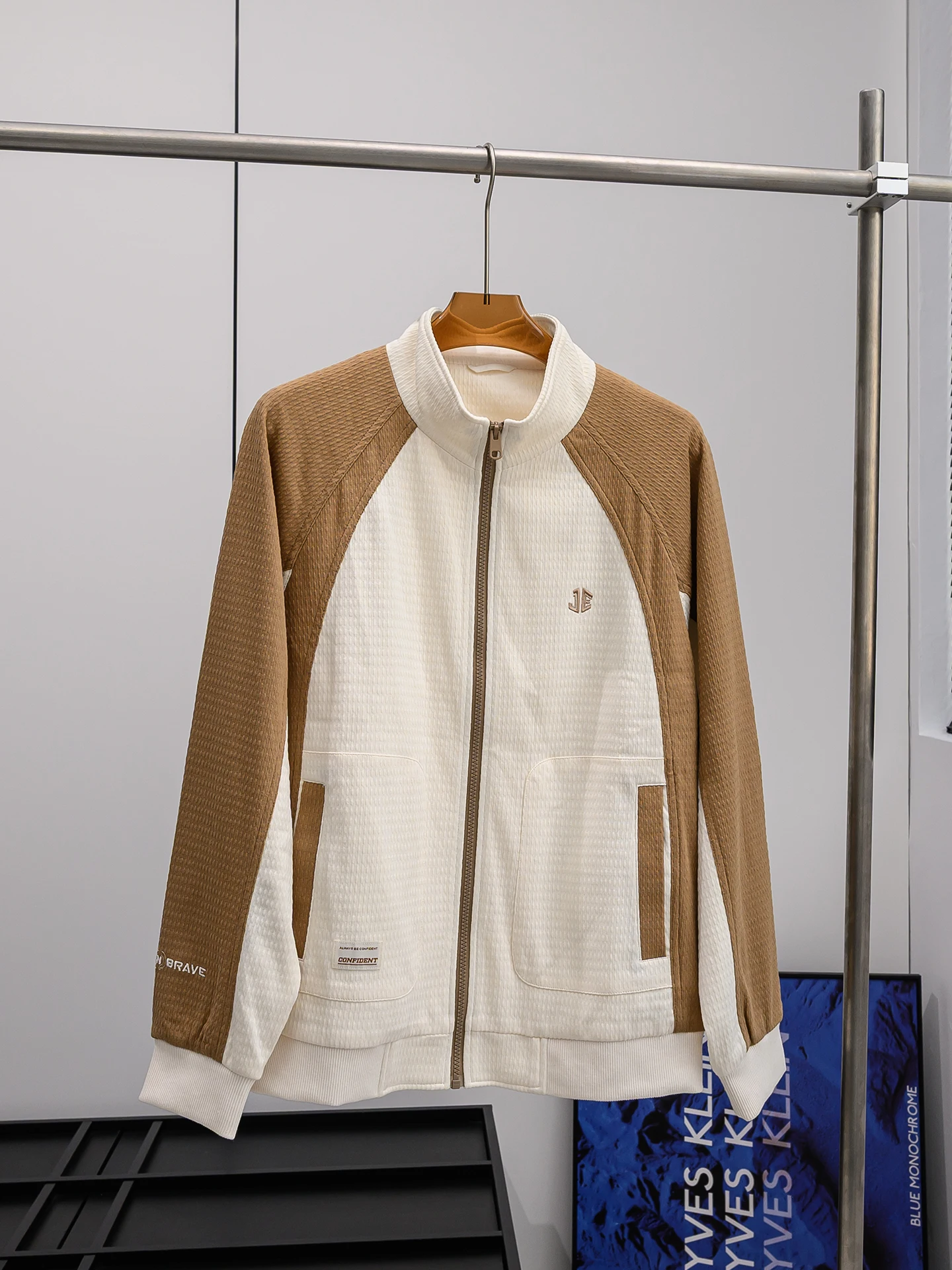 

Men's Casual Fashion Patchwork Jacket Stand Collar Embroidery Spring Breathable Long Sleeve Zipper Closure No Hat Jacket