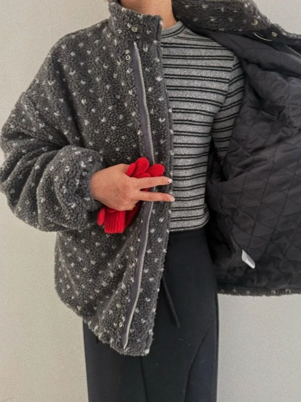 Korean Style Fashion Design Heart Lamb Fur Cotton Jacket Women's Winter New Lazy Style Cotton Coat Zipper Closure Long Sleeve