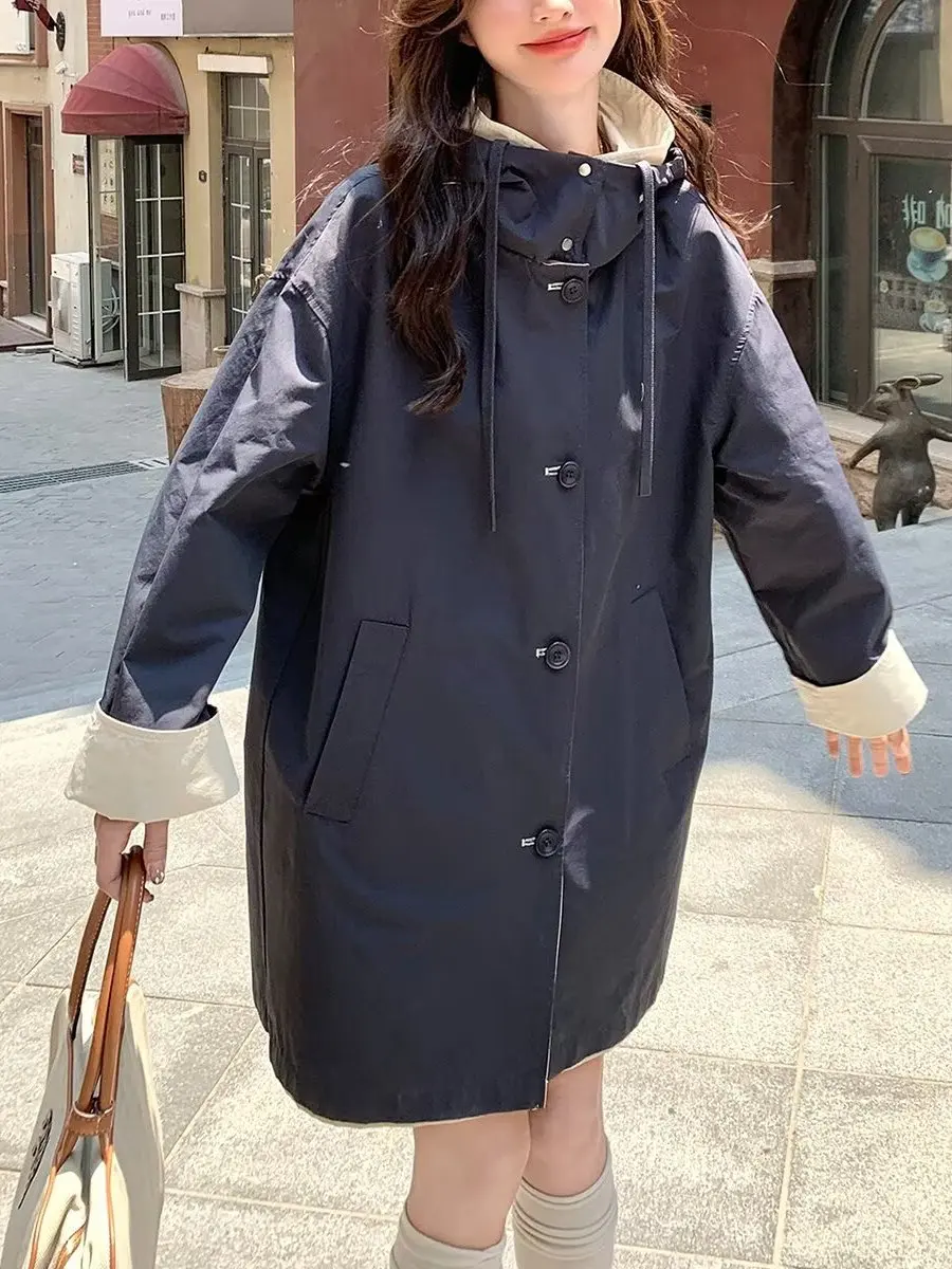 الرجعية بريتي Sle مقنعين Jaet المرأة ربيع الخريف عادية فضفاض على الوجهين ارتداء سترة واقية معطف ملابس خارجية مريحة