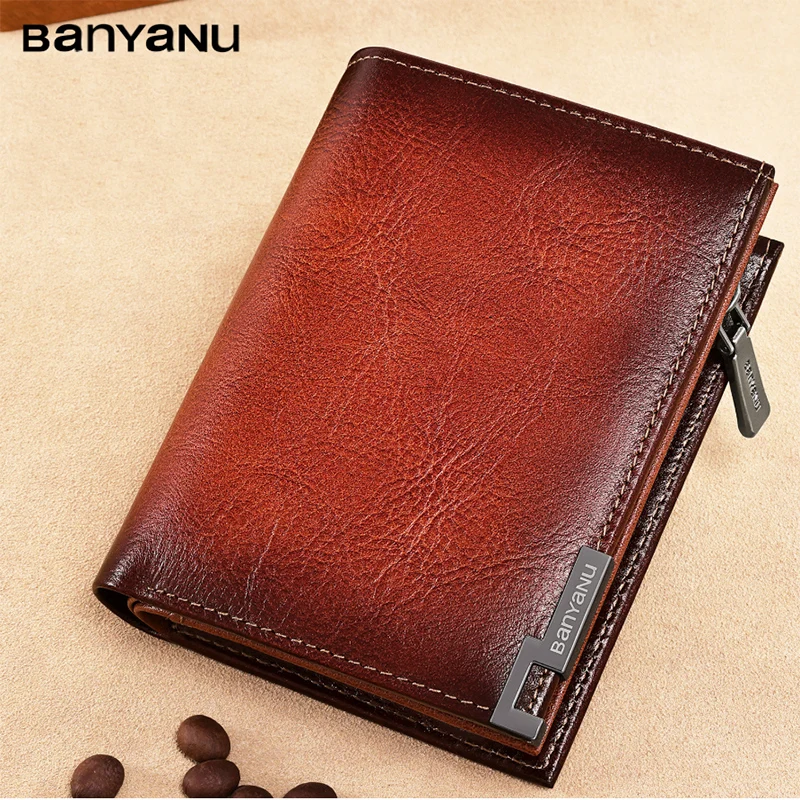 BANYANU Men's Genuine Leather Wallet RFID Anti-theft Top Layer Cowhide Zipper Card Holder Wallet Multifunctional Money Clips