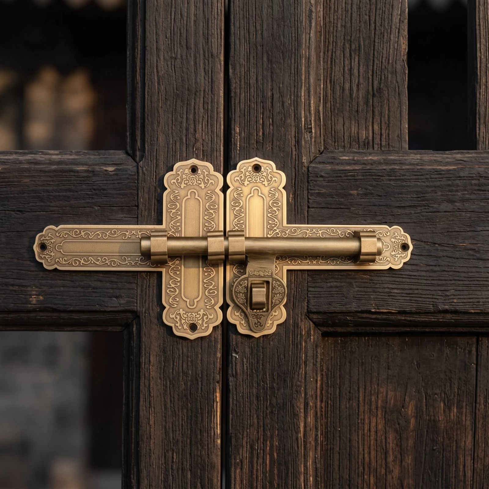 Door Bolt Latch Lock Traditional Chinese Gate Latch with Padlock Sliding Bolt Lock Brass-Toned Ornate for Garden