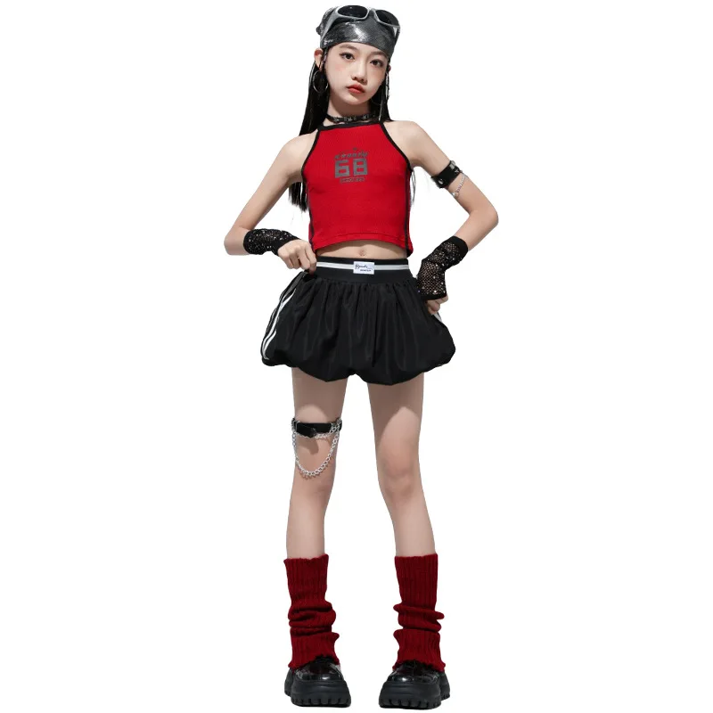 

Одежда в стиле хип-хоп для девочек, белый топ, красная юбка, костюм для джазовых танцев, модный наряд Kpop, уличная одежда, костюм для подиума