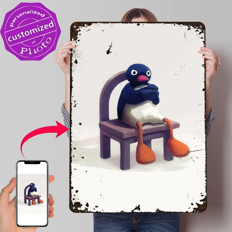Angry Pingu 3D Texture Tinplate Poster Customized Wall Art Vintage Metal Signs for Fans Desk Decor Room Modern Home Decoration
