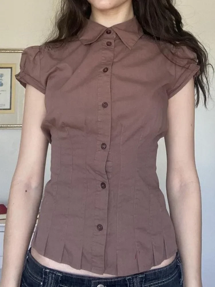 

Y2k Эстетическая женская укороченная блузка, однотонная повседневная однобортная облегающая рубашка в стиле гранж, Harajuku, уличная одежда с отложным воротником, Blusas