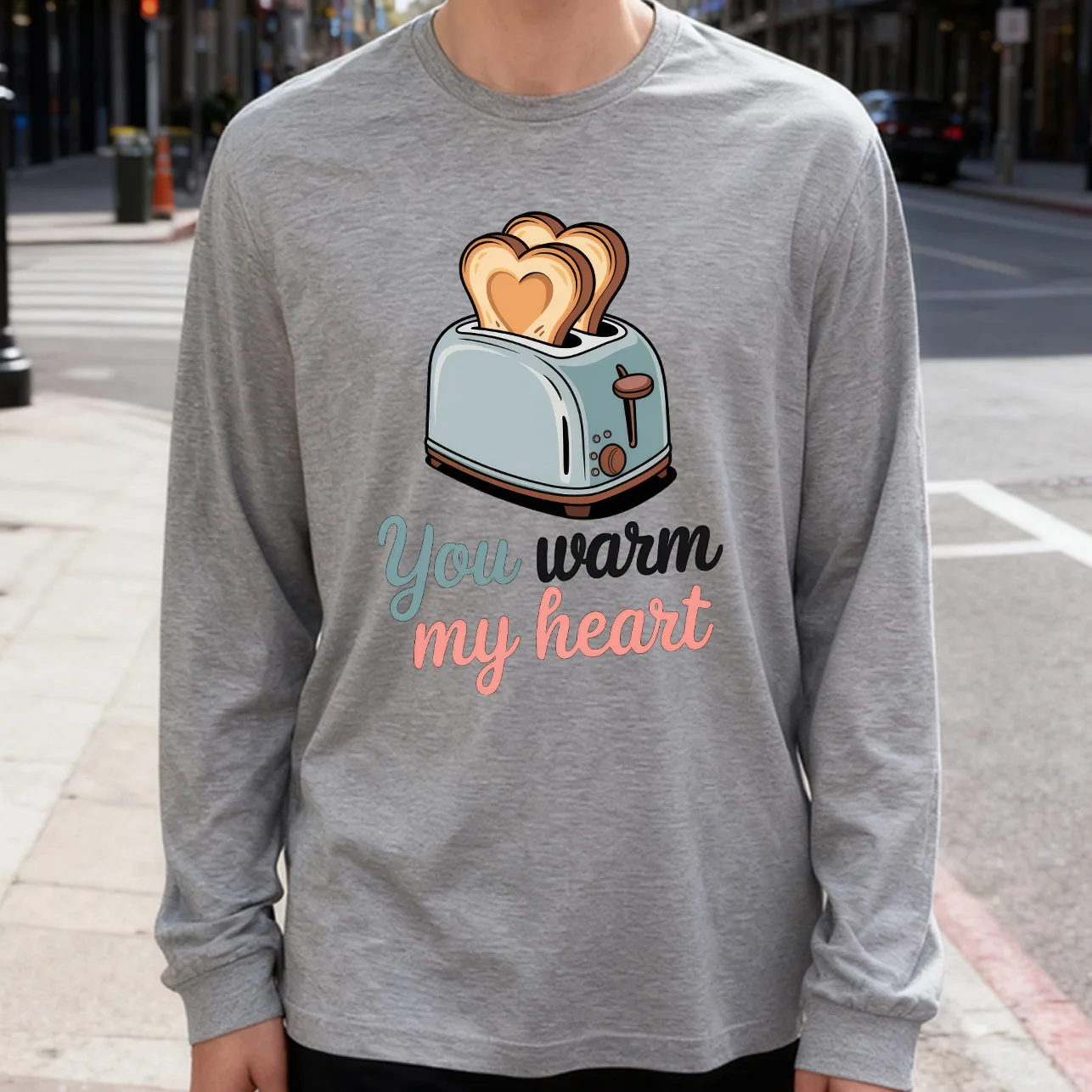 You Warm My Heart Men's Long Sleeve T-Shirt 180g 100% Cotton Printed Crew Neck Casual Daily Wear Soft and Breathable