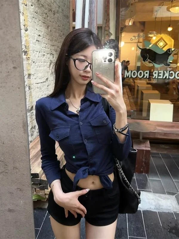 Korean Style Sexy Long Sleeve Shirt Women's Early Spring Design Pocket Button Waist Cinching Slimming Top Trendy Workwear