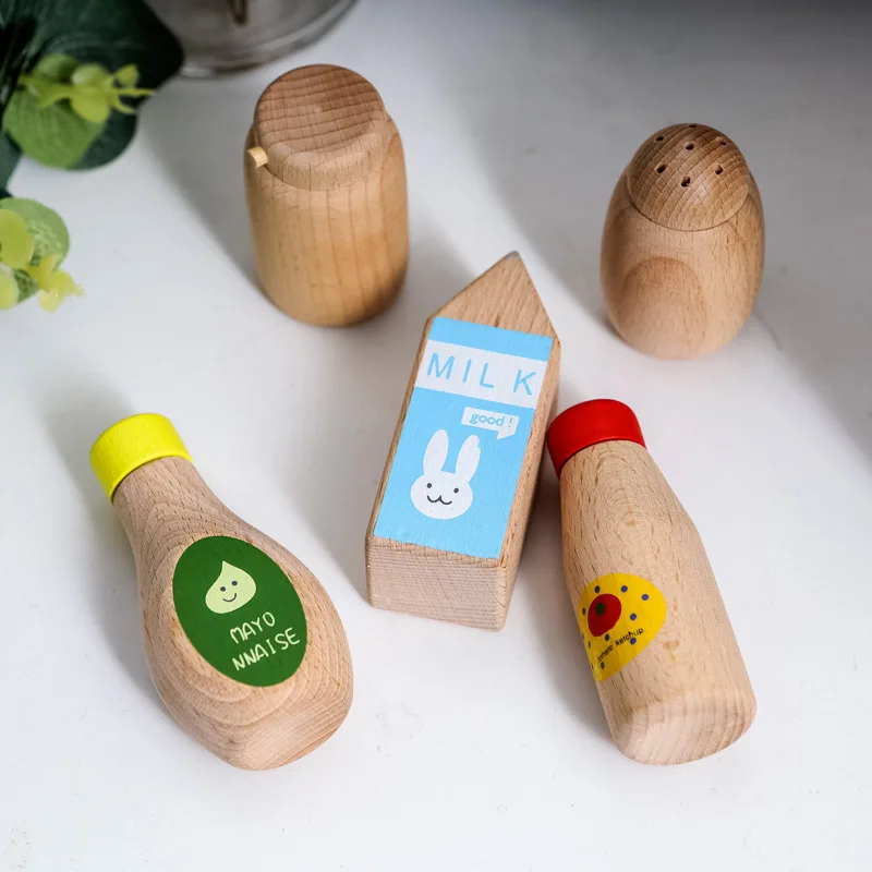 1Pcs Montessori Kitchen Toys Wooden Kitchen Play House Simulation Play House Condiment Bottles Educational Toy for Children Gift