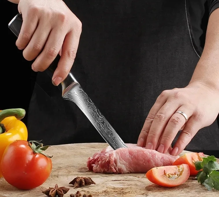 Kitchen Boning Knife Damascus Laser Pattern Butcher Knife Stainless Steel Bone Meat Fish Fruit Vegetables Chef Knife with Cover