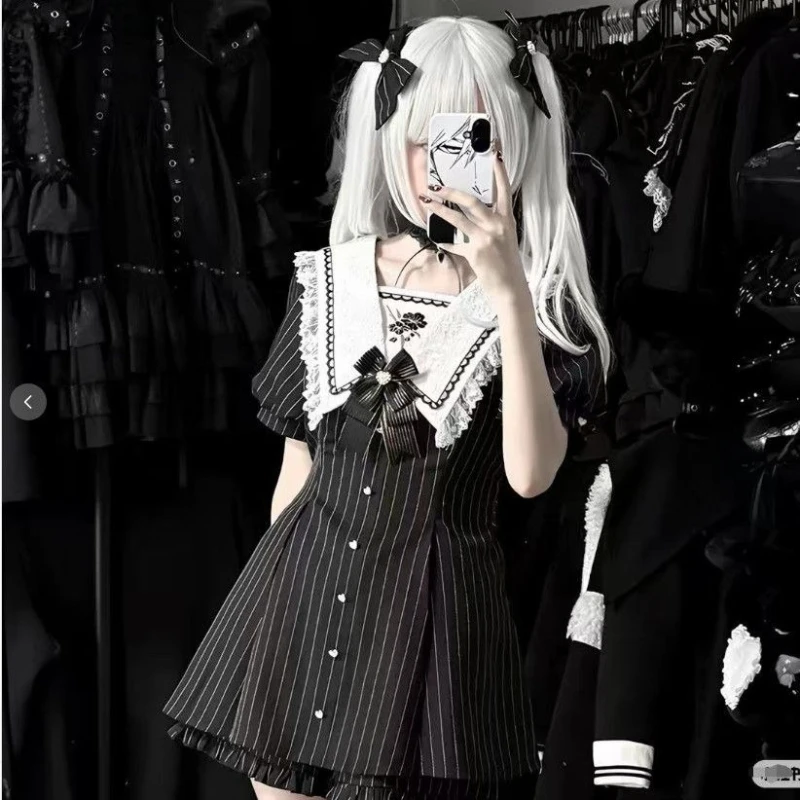 Japanese Vintage Short Sleeve Top + Lolita Dress Two-Piece Set Women Gothic Style Subculture Button Bow Patchwork Bodycon 2026