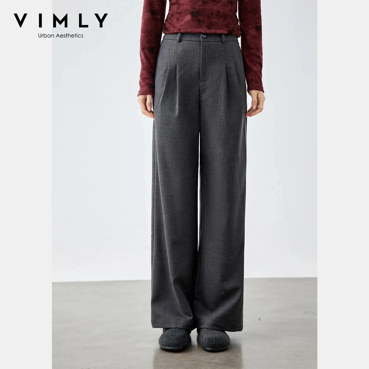 

VIMLY Straight Leg Pants for Woman 2025 Autumn New Solid Zipper Fly Pleated Design Trousers Versatile Comfort Fit Bottoms A3300