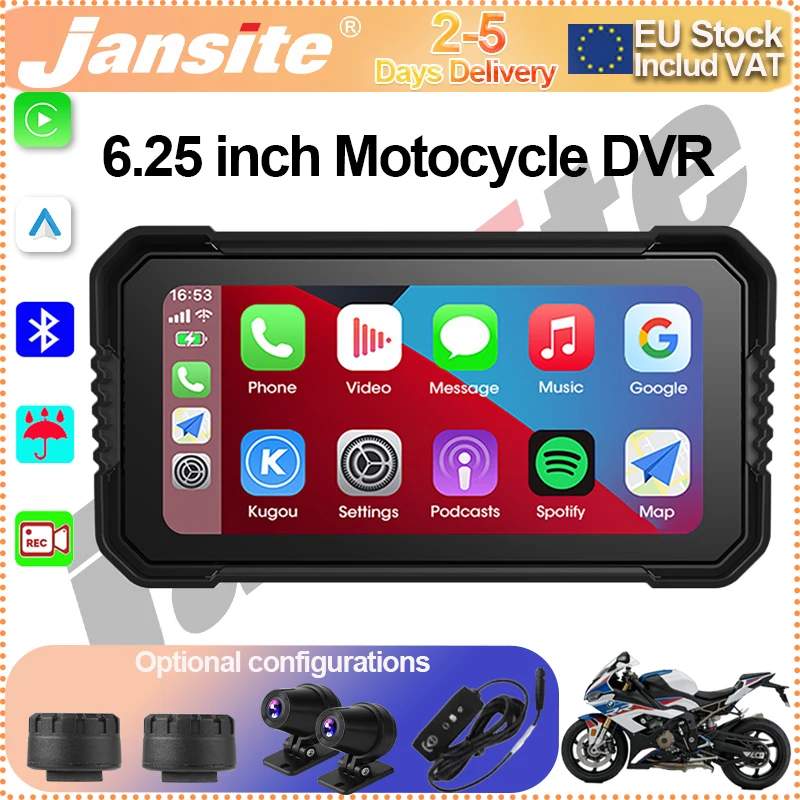 Jansite – Navigation GPS étanche pour moto, sans fil, Carplay, Android Auto, moniteur de recul, caméra pour moto, pour une conduite sécurisée