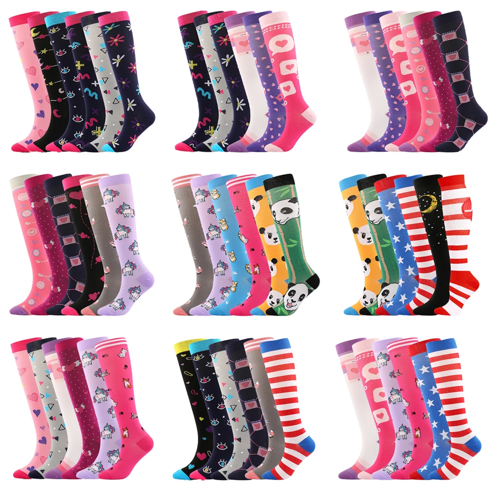 6/7 Pairs New Compression Socks Varicose Veins Edema Women's Circulating Blood Nurse Print Men's Sports Socks Love Moon Letters