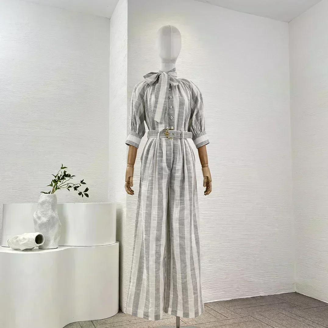 

Top Quality New White Stripe Half Sleeve Belt Blouse Tops and Wide Leg Pants Trousers Women Casual Set