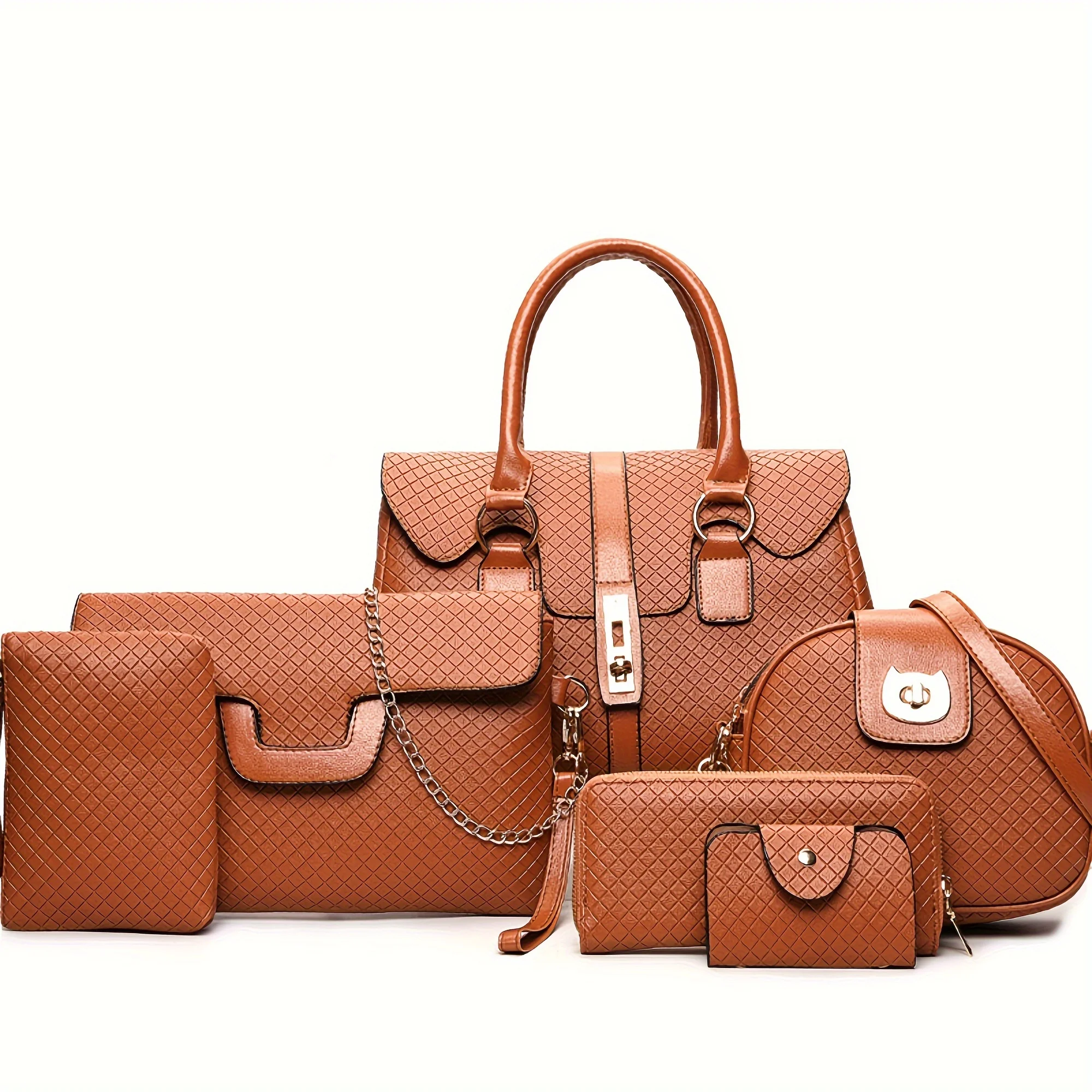 Conjunto de bolso de diseñador de piel sintética de primera calidad para mujer, conjunto elegante de 6 piezas con cartera, bolso de mano, bolso de hombro, bandolera, cadena Ba