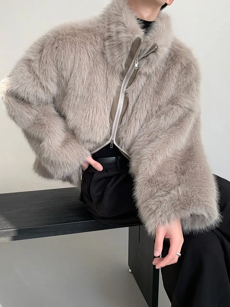 2025 Autumn Winter New Eco-Friendly Fur Cardigan Jacket Stylish Men's Warm High-End Fashion Trend Zipper Stand Collar Jacket