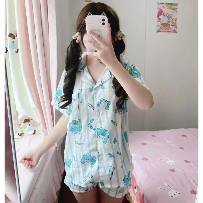 

Cartoon anime Hatsune Miku pajamas short sleeved shorts suit Cute and Sweet Girl Summer Thin Home Clothing Set birthday gift