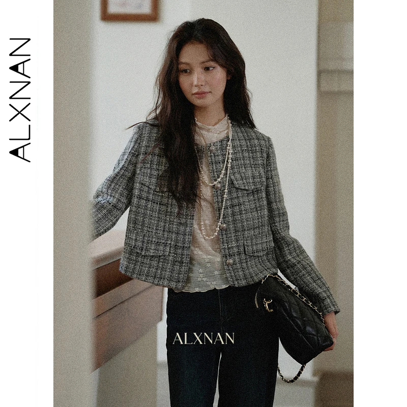 

ALXNAN женские короткие пальто в клетку на пуговицах спереди, свободный крой, новинка 2025, осенняя элегантная нежная пригородная куртка, женская одежда L57536