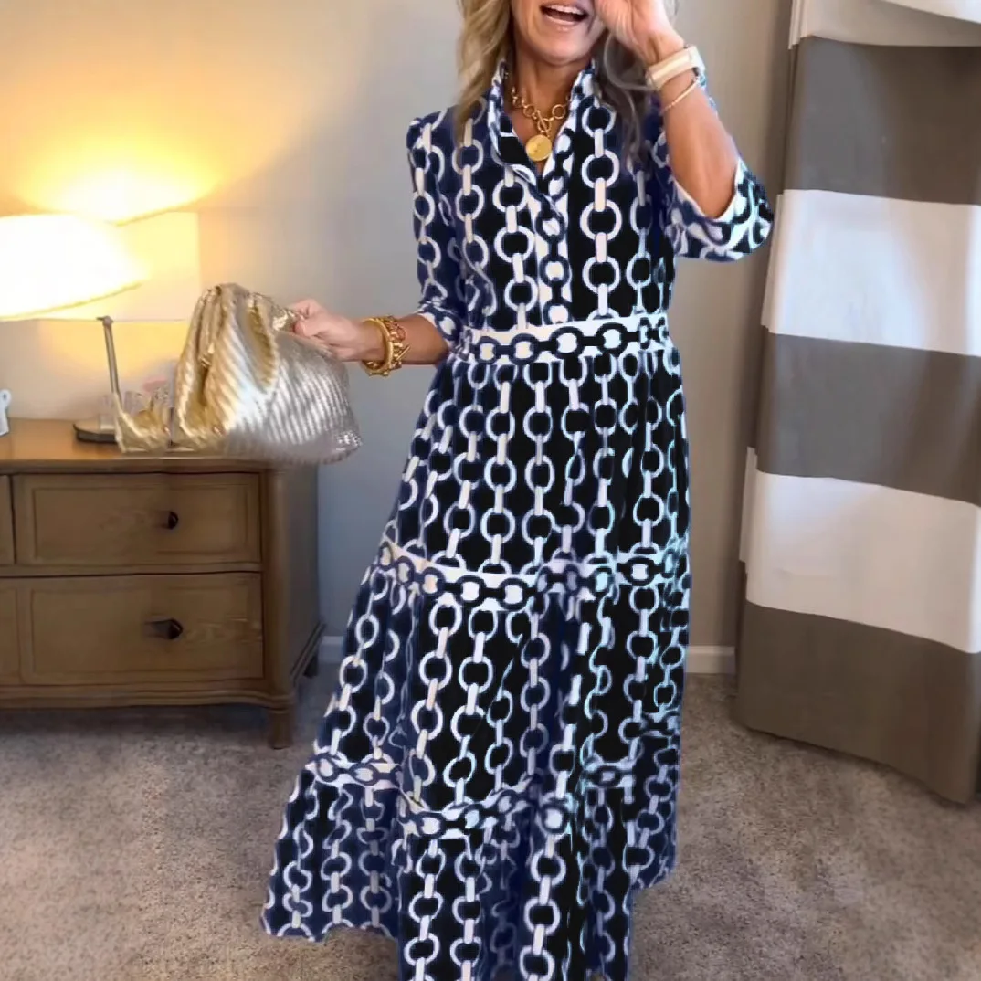 تنورة طويلة مطبوعة هندسية Dr Ele مستديرة Ne عبر الحدود لربيع وصيف ميدي Dr محبوكة من نسيج البوليستر على شكل حرف a #1