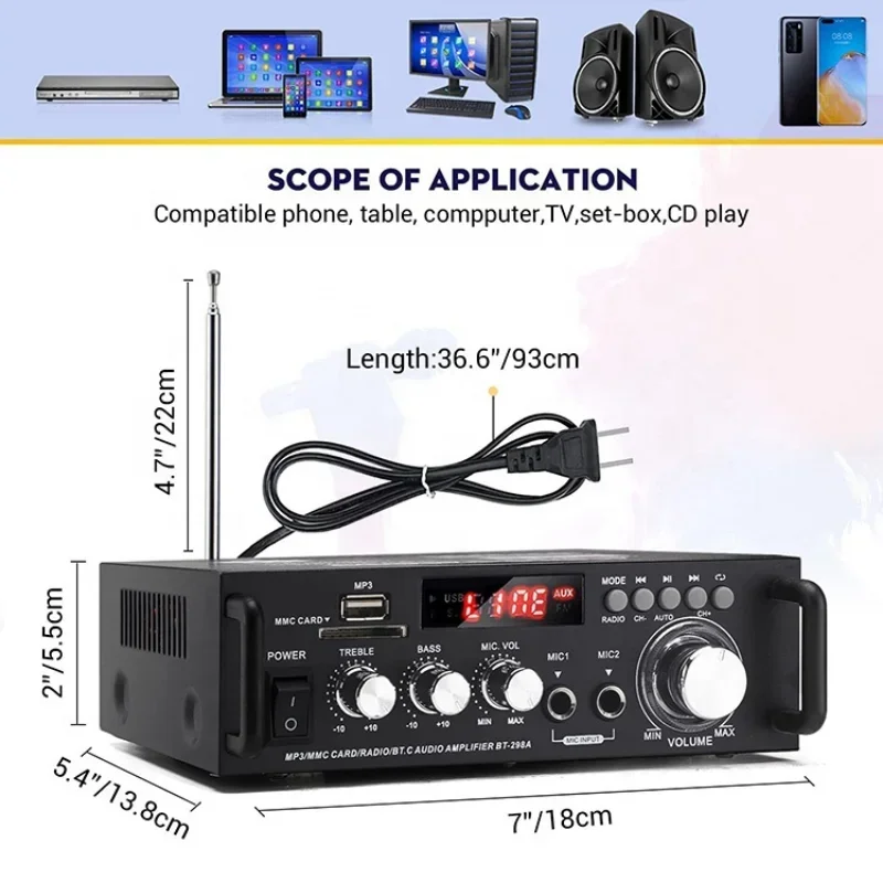 Home Digital Amplifiers Audio Display 300W+300W Digital HIFI Audio Stereo Power Amplifier 2 Channel Digital Amplifiers BT-298A