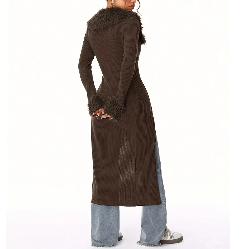 가을 겨울 Y2K 여성용 가디건 재킷 패션 캐주얼 빈티지 골지 니트 브라운 플란넬 텍스처 레이스업 블랙 롱 가디건