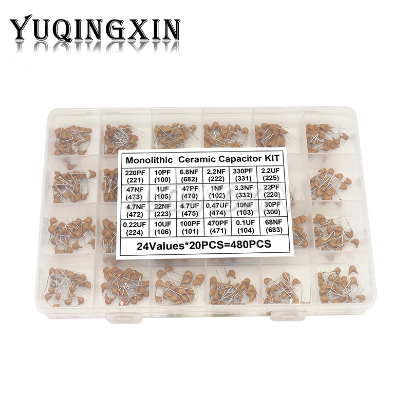 

480pcs Monolithic Ceramic Capacitor Assortment Kit 50V 10pF - 10uF Capacitance Set 0.1uF 0.22uF 0.47uF 2.2uF 4.7uF