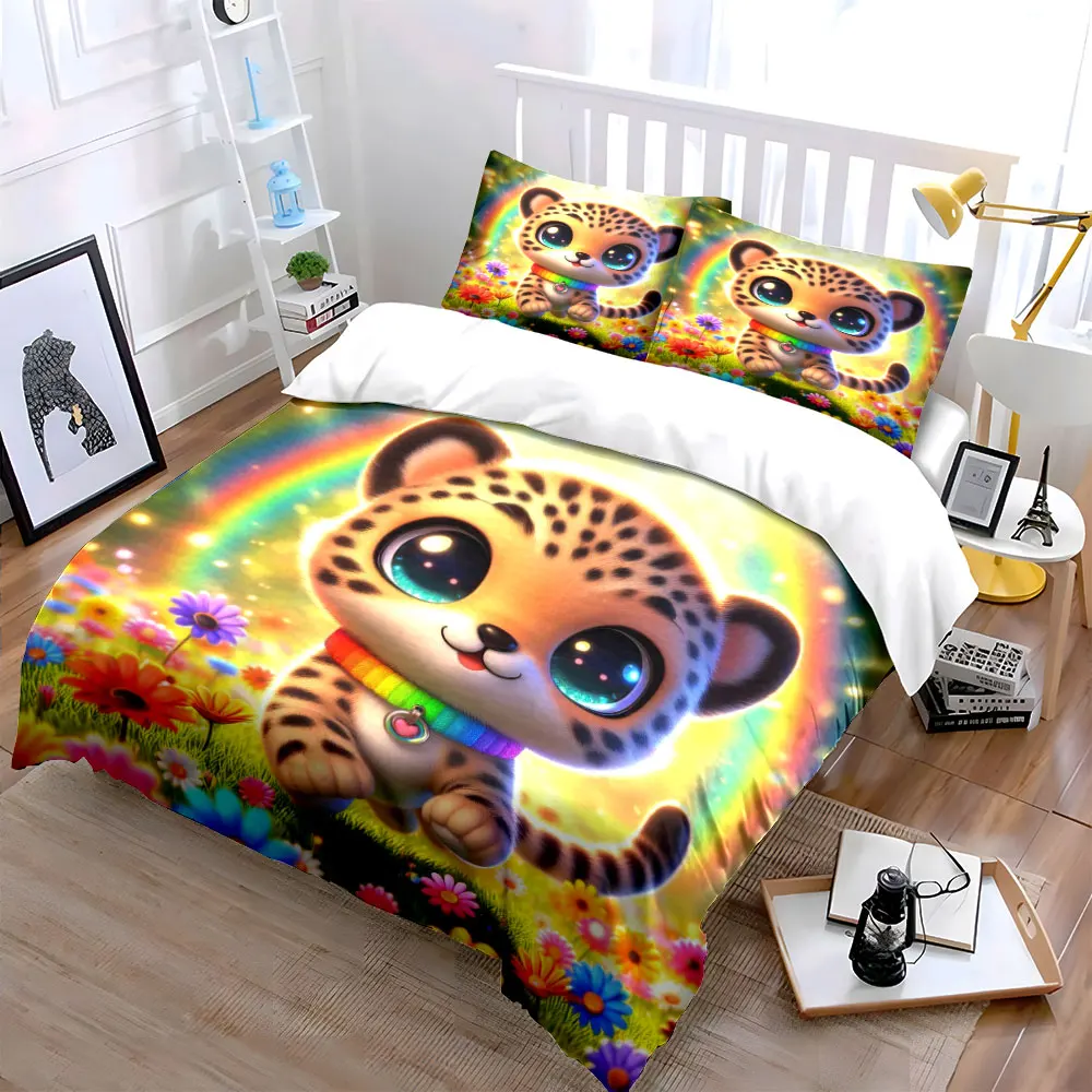 Cute little leopard rainbow flower field Duvet Cover Set with 3D Printing Design Soft Polyester Bedding Set All-Season Comfort