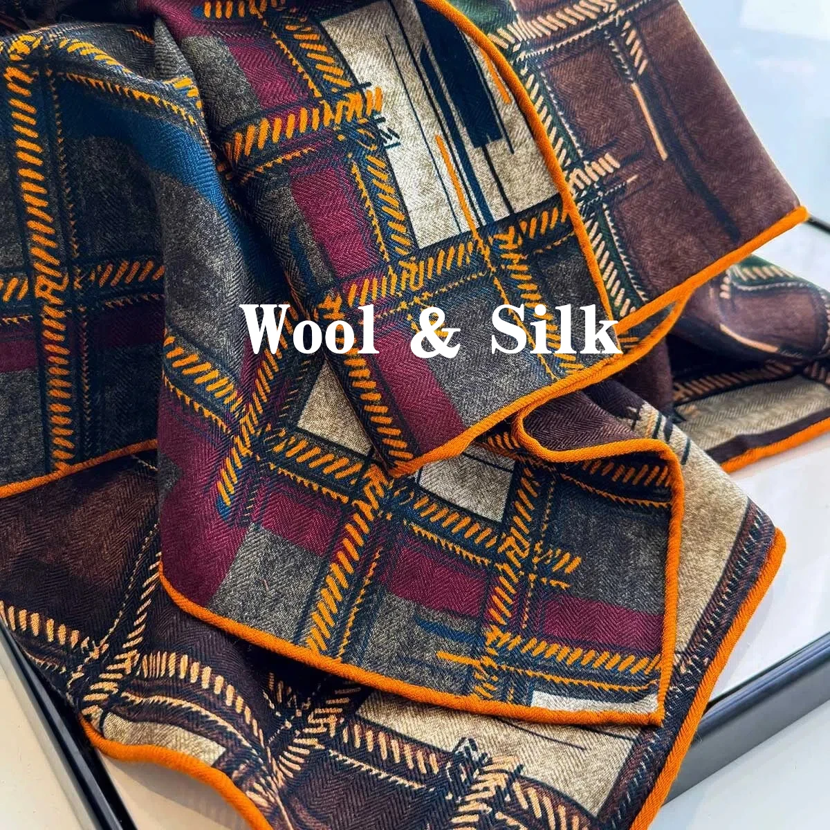 

82% Wool 18% Silk Winter Woman Shawl Vintage Wool Silk Women's Plaid Scarf Neck Warmer Man Luxury Brand Winter Accessories