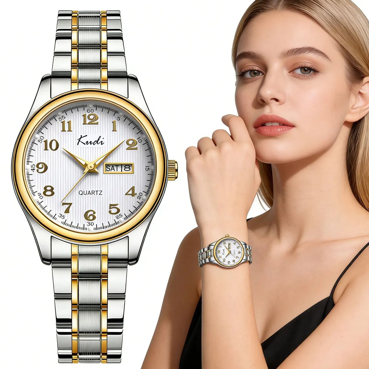 Trendy Business Girls Watch Stainless Steel Belt Simple Digital Sunday Calendar Casual Quartz Watch Women