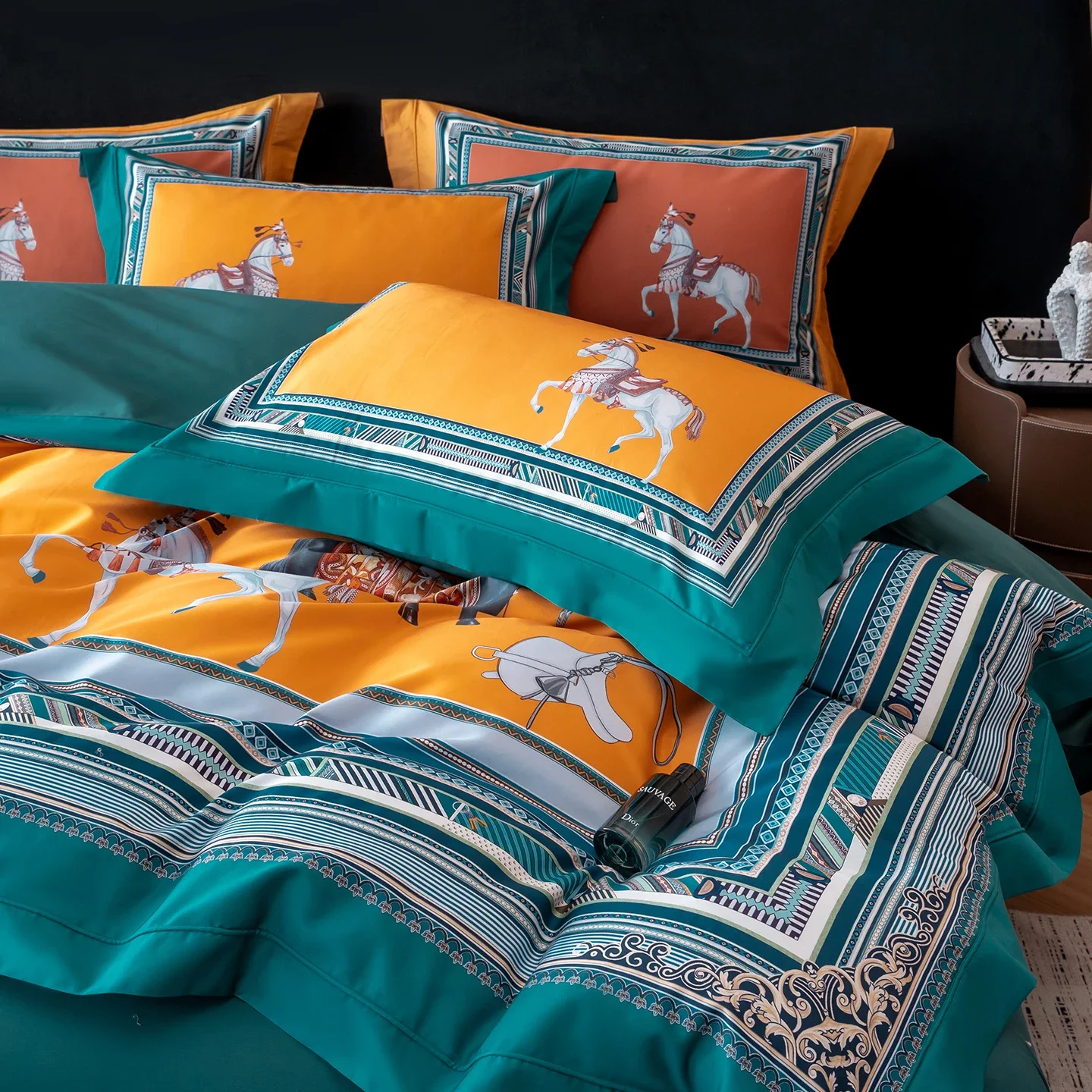 1000TC Egyptian Cotton European Style Luxury Horse Print Bedding Set Duvet Cover Flat/Fitted Bed Sheet Pillowcases 4Pcs