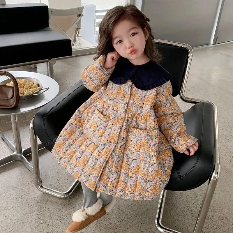 2-10 Years Kids Winter Florar Dresses for Girls Cute Thick Velvet Jackets Dress Toddler Baby Warm Casual Overcoat Infant Outwear