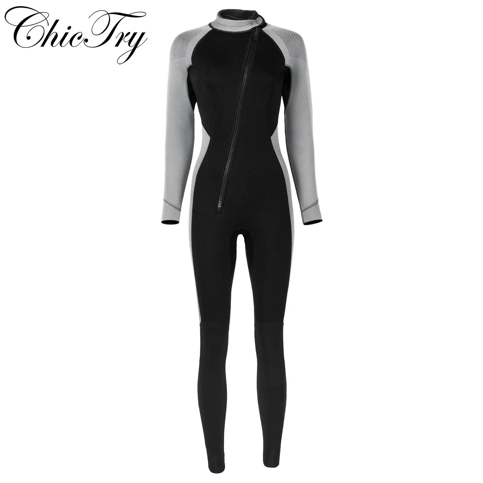 

Womens 3mm Neoprene One-Piece Thermal Wetsuit Swimsuit Long Sleeve Front Zipper Jumpsuit for Swimming Surfing Snorkeling Diving