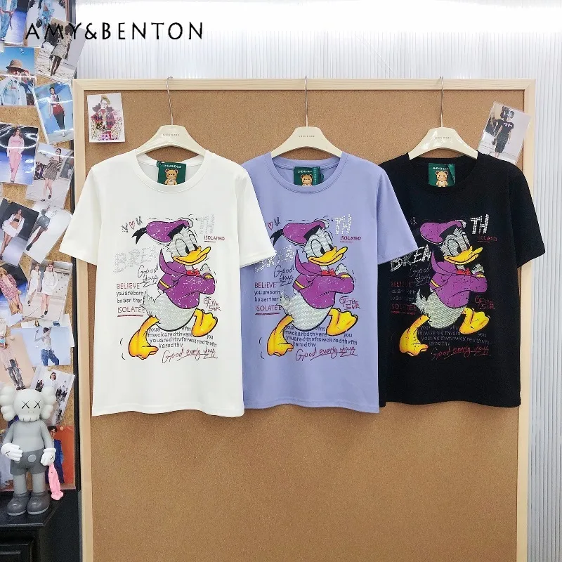 

Trendy American Style Casual Cartoon Print Top Rhinestone Design Loose Fit Versatile Short Sleeved T-shirt Women's Y2k Clothes