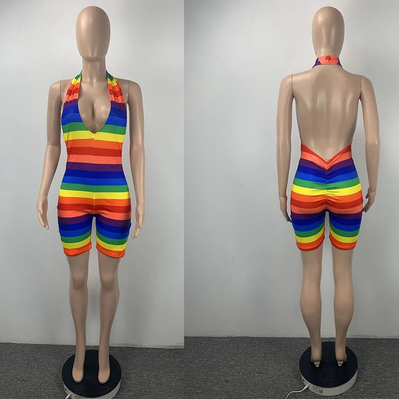 Regenbogen Drucken Backless Sexy Bodycon Strampler Frauen Overall Shorts Sommer Kleidung Ein Stück Club Outfits für Frauen Overalls