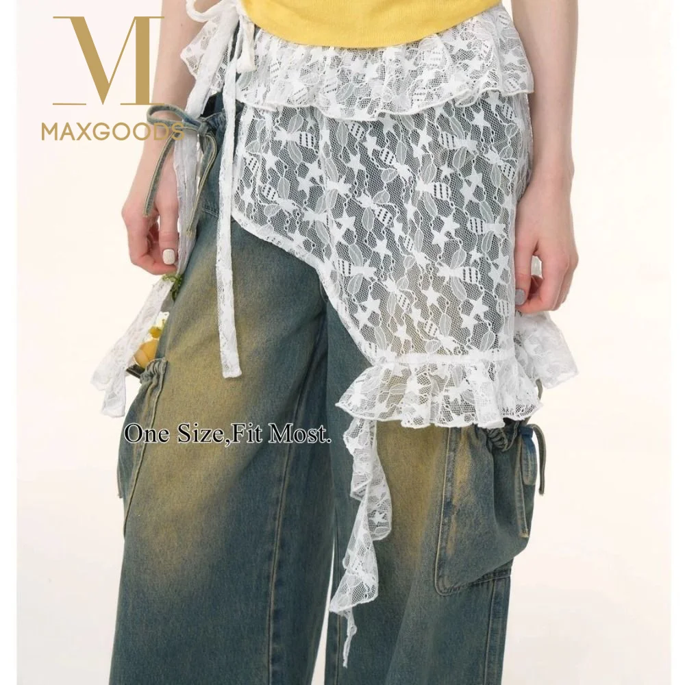 

Embroidered Flower Lace Mini Skirt See Through Irregular Lace Up Ruffles Skirt Y2K Streetwear High Waist Pleated Skirts