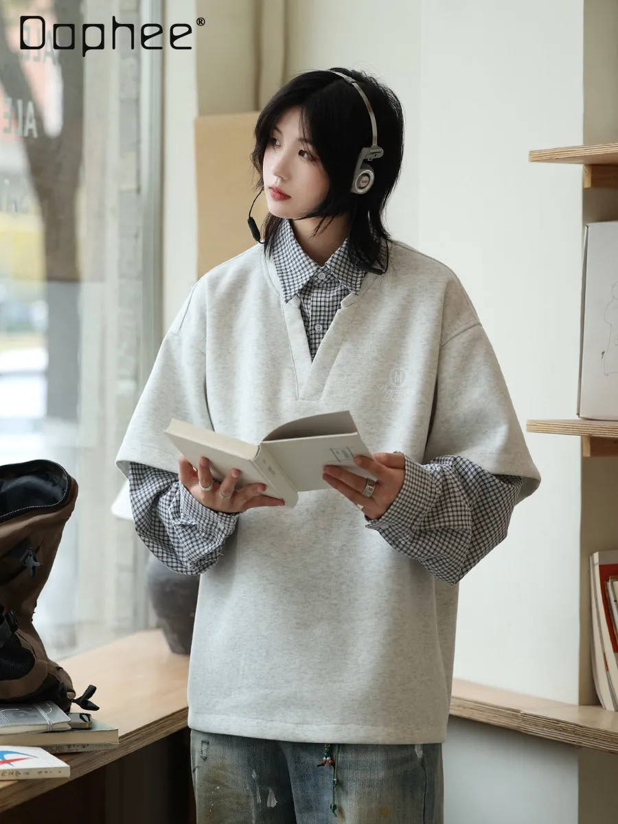 

Spring Autumn Japanese College Style Men's Gray Fake Two-Piece Sweatshirt Couple Style Long Sleeve Casual Blue Patchwork Shirt