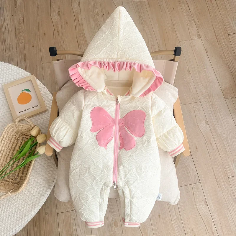 

New Born Baby Jumpsuit Hooded Plus Velvet Warm Clothes Snowsuit Toddler Snow Suit Girl Cotton Overalls Rompers 0-24 Months