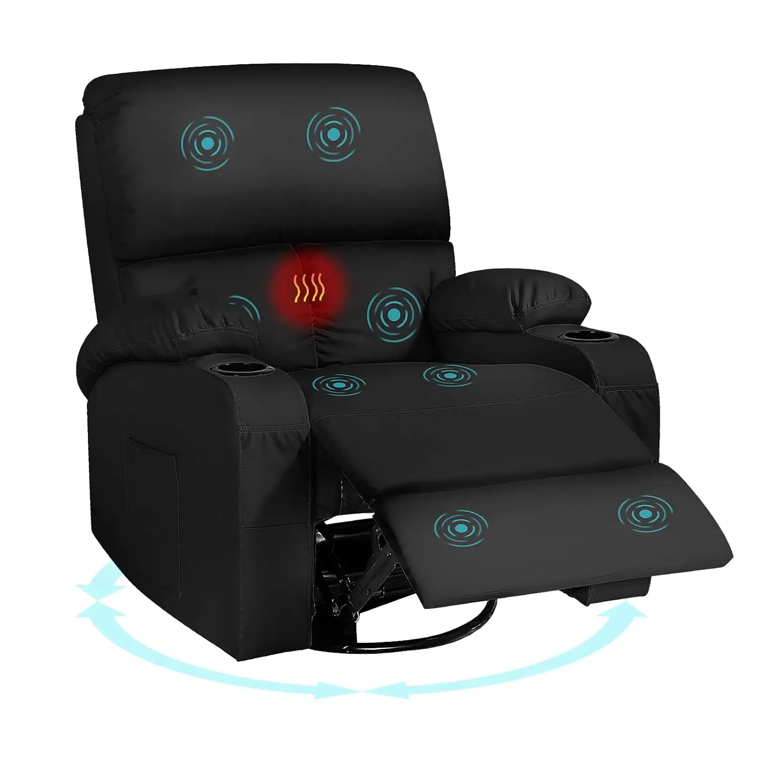 Massage Rocking Recliner with Heat & Vibration, USB & Type-C Ports, 360° Swivel Faux Leather, Living Room Bedroom RV, Customized