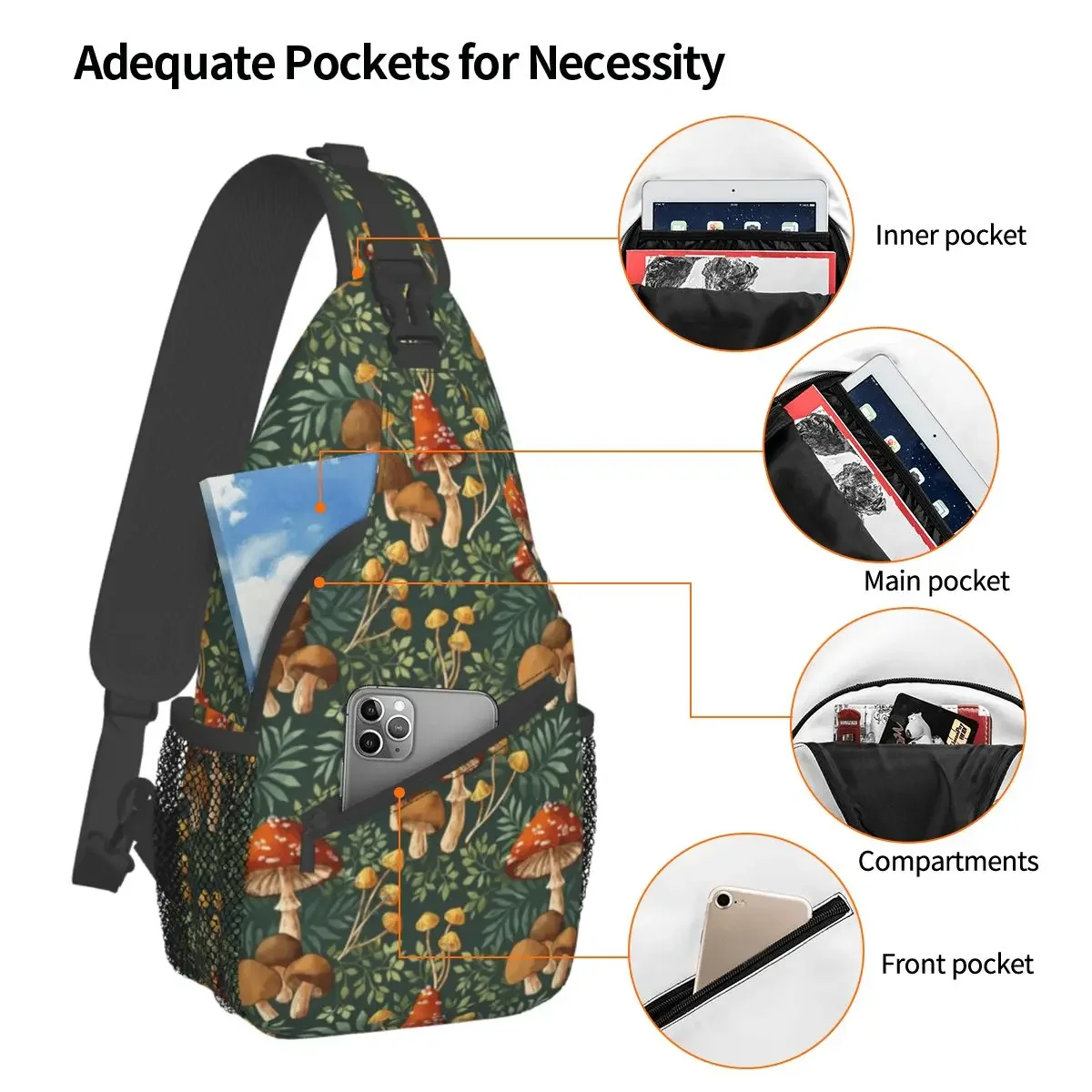 Woodland Psychedelic Mushroom Crossbody Sling Bags Chest Bag Fantasy Shoulder Backpack Daypack for Travel Hiking Camping Bag