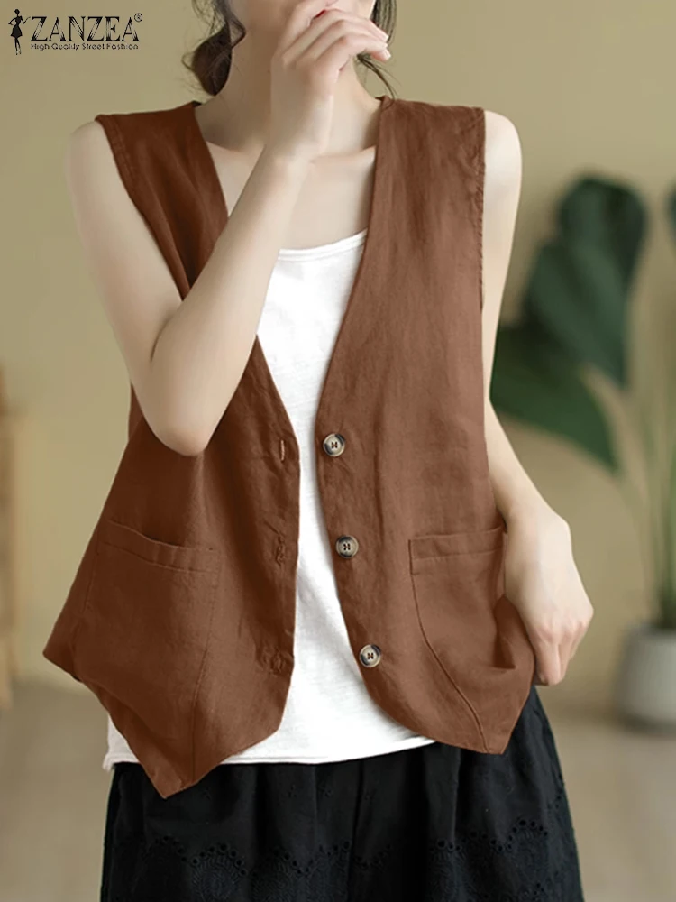 

ZANZEA Elegant Commute Vests Women 2024 Fashion Work Wear V Neck Sleeveless Jackets Casual Office Lady Solid Color Vest Tops