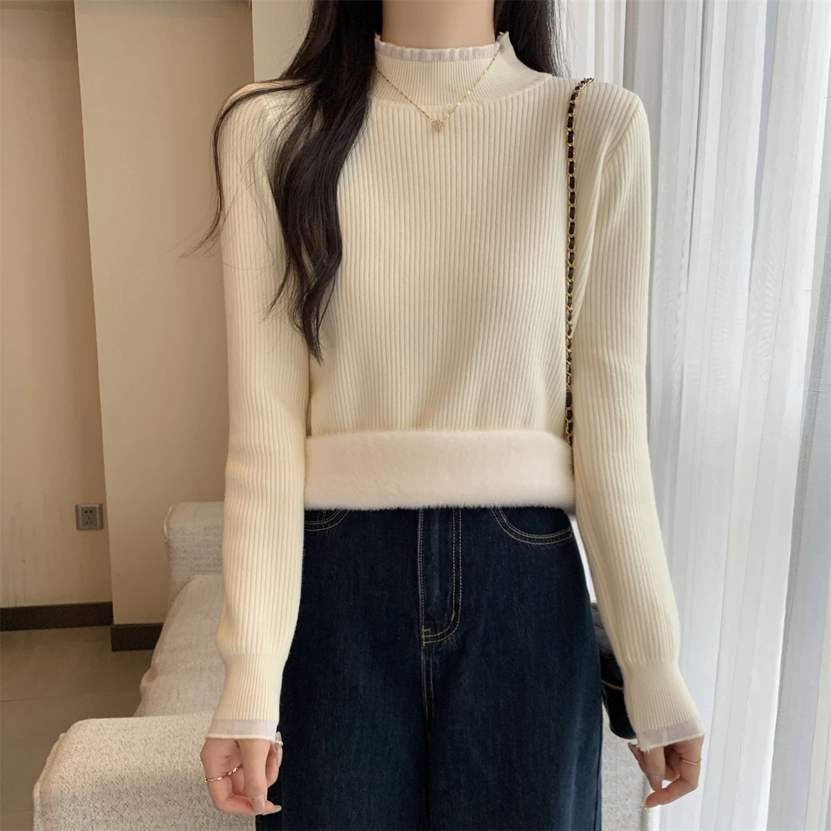 

Женский бархатный базовый слой, корейский сетчатый свитер с полувысоким воротником, теплый вязаный свитер, осень-зима