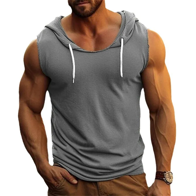 

Mens Gym Hooded Tank Top Male Solid Color Vest Sleeveless Tees Summer Muscle Streetwear Sportswear Fitness Sweatshirts