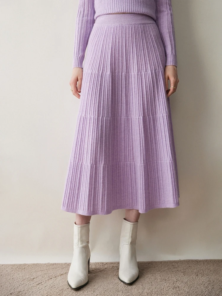 

Autumn Winter Women Tiered Skirt Cashmere A-line Pleated Skirt Elastic Waist 100% Cashmere Knitted High Quality Soft Solid Dress