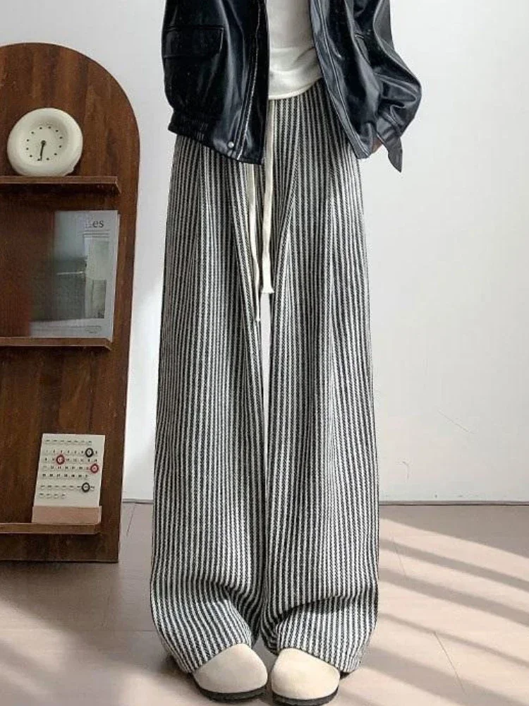 Vintage Striped Woolen Pants Women Simple High Waist Autumn Winter Casual Wide Leg Trousers All-match Students Harajuku Mopping