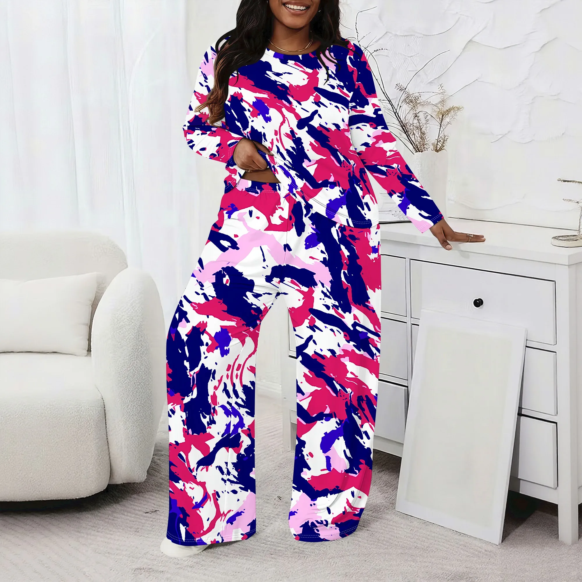 

Plus size Women two-piece set with 3D geometric print casual loose round neck long sleeved two-piece set (pocket)