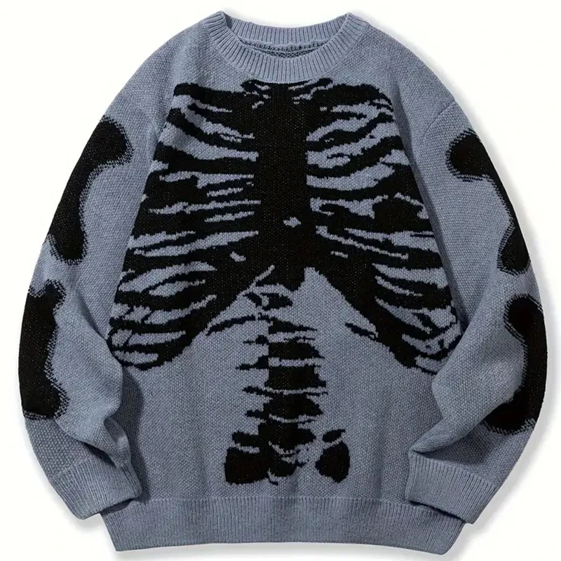 Men Knitted Warm Pullover Loose Youth O-neck Y2k Clothes 2024 Winter Hip Hop Skull Print Vintage Sweatshirt Long Sleeve Sweaters