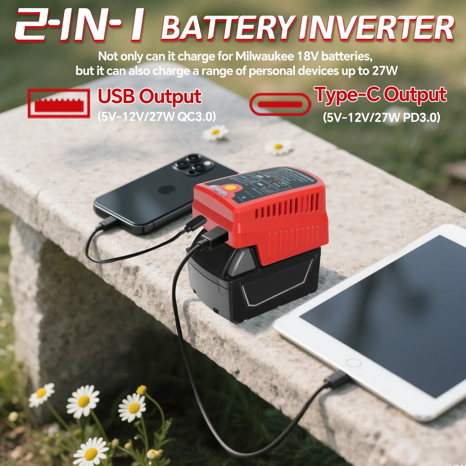 شاحن بطارية لميلووكي بطارية 18 فولت 2 في 1 شاحن هاتف محمول محول الطاقة مع منفذ إخراج USB وType-C (بدون بطارية)